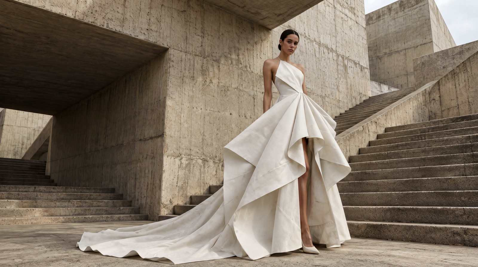 Novia con vestido blanco de volumen escultural en una escalera de hormigón